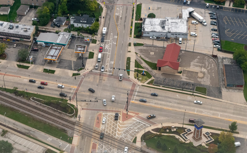 Aerial view of the intersection of Wood Dale Road and Irving Park Road in the Chicago Suburbs near O'Hare